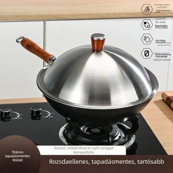 Wok finom vasból, nyugati stílus, bevonat nélküli, egylapos aljzattal, rozsdamentes acél fedéllel
