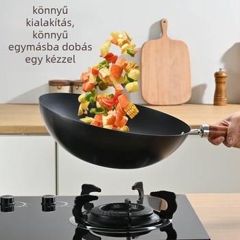 Wok finom vasból, nyugati stílus, bevonat nélküli, egylapos aljzattal, rozsdamentes acél fedéllel