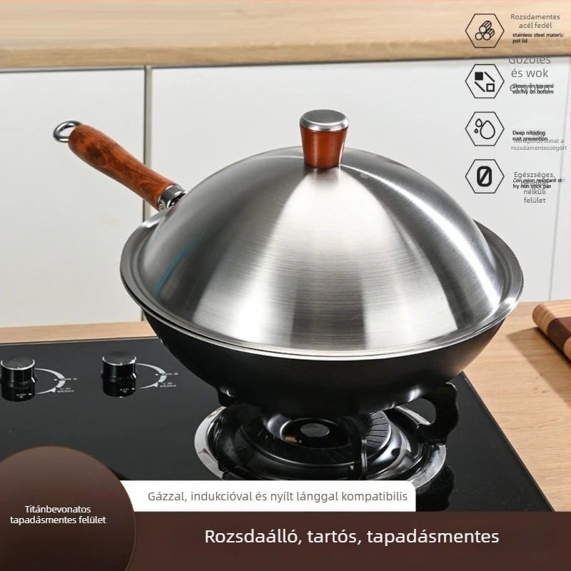 Wok finom vasból, nyugati stílus, bevonat nélküli, egylapos aljzattal, rozsdamentes acél fedéllel