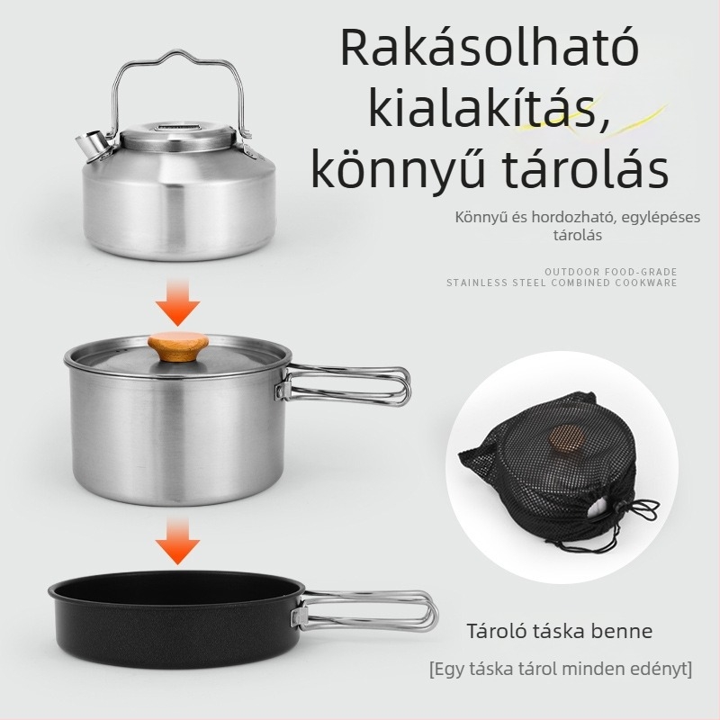 304 rozsdamentes acélból készült 3 részes kempingeszköz-készlet – hordozható, tapadásmentes serpenyő, fazék és teáskanna, 2–3 személynek