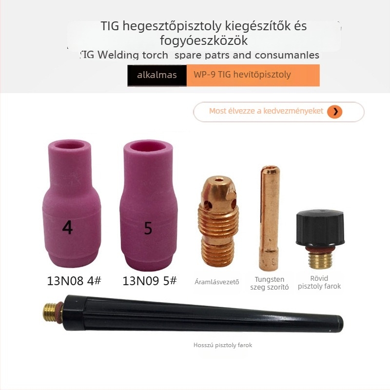 WP-9F argon ívhegesztő pisztoly kerámiadugó 13N08, réz áramlásvezető, wolfrám tű hegesztő fúvóka védőcső