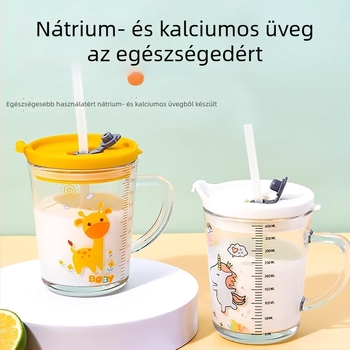 Gyerekeknek készült üveges tej pohár fedővel és fogantyúval, vastagított soda-lime üveg, mérőskála, karikatúra mintával