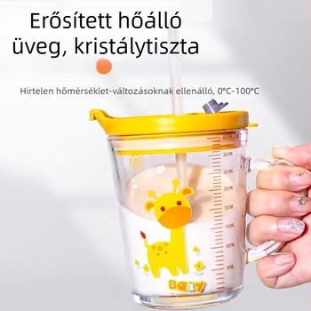 Gyerekeknek készült üveges tej pohár fedővel és fogantyúval, vastagított soda-lime üveg, mérőskála, karikatúra mintával