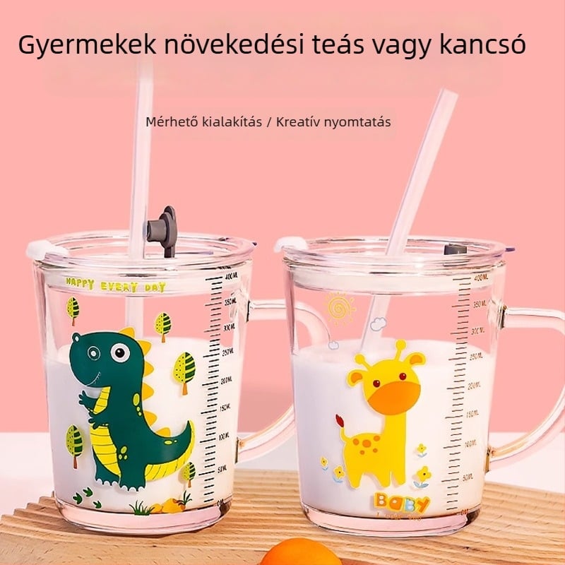 Gyerekeknek készült üveges tej pohár fedővel és fogantyúval, vastagított soda-lime üveg, mérőskála, karikatúra mintával