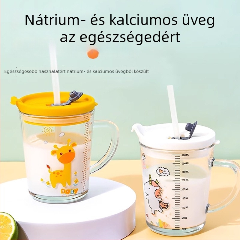 Gyerekeknek készült üveges tej pohár fedővel és fogantyúval, vastagított soda-lime üveg, mérőskála, karikatúra mintával