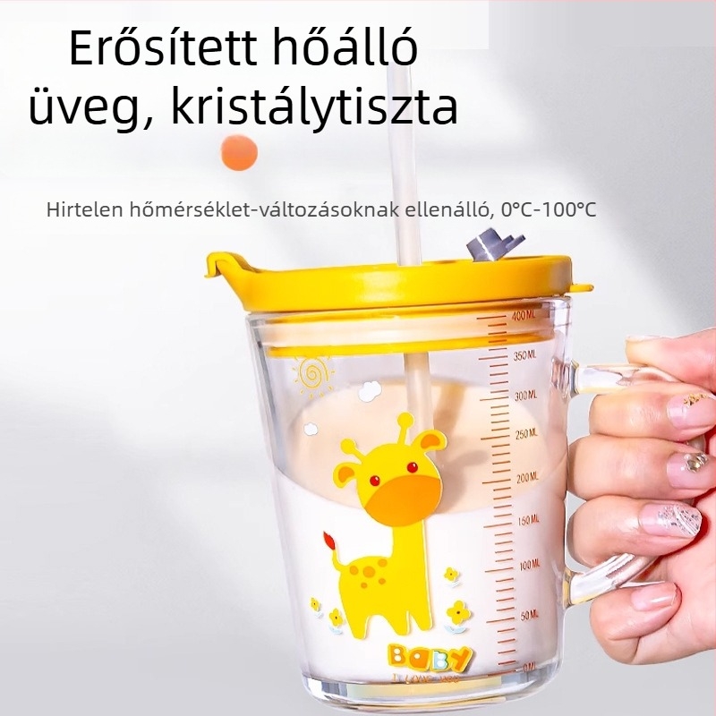 Gyerekeknek készült üveges tej pohár fedővel és fogantyúval, vastagított soda-lime üveg, mérőskála, karikatúra mintával