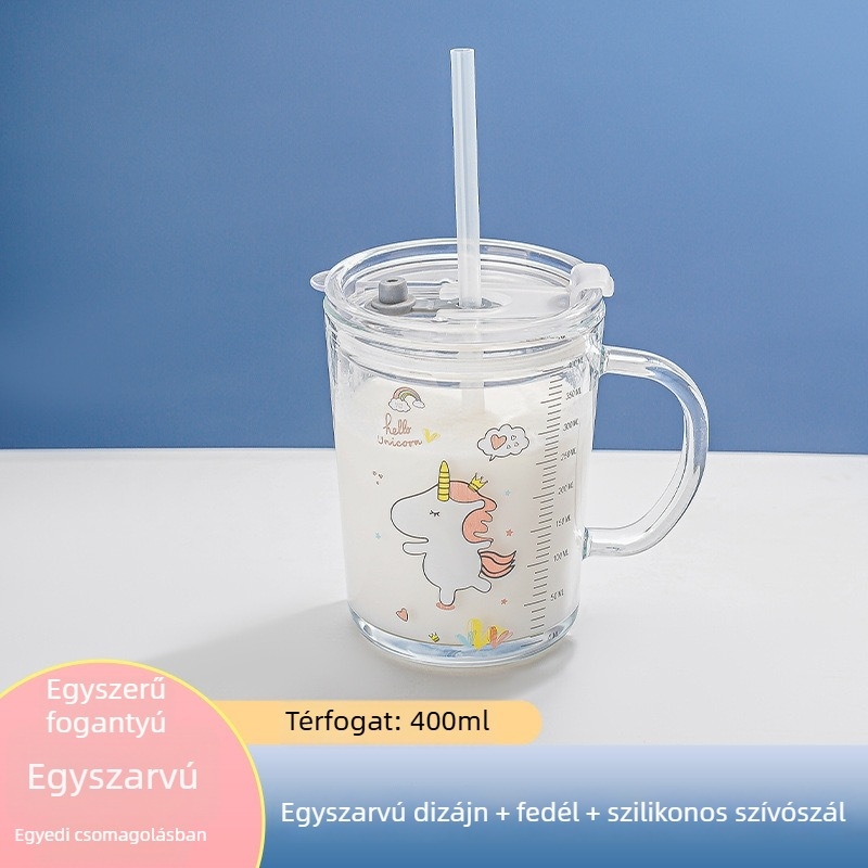 Gyerekeknek készült üveges tej pohár fedővel és fogantyúval, vastagított soda-lime üveg, mérőskála, karikatúra mintával