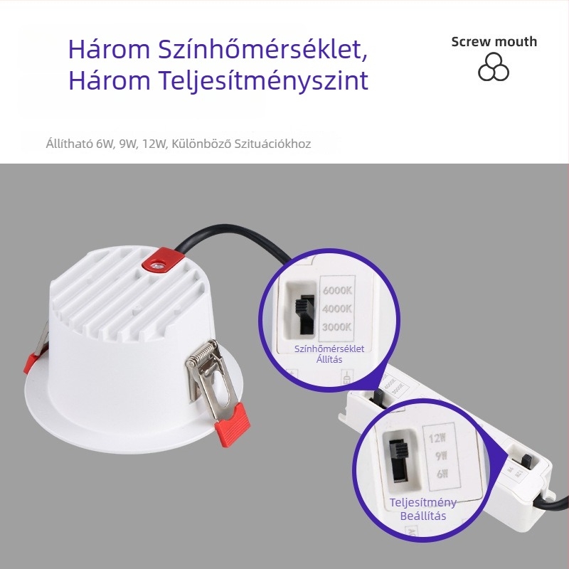 LED beépíthető mennyezeti lámpa, háromszínű dimmelés (3000/4000/6000K), 6–10W, Ø75 mm nyílás, alumínium ház, 220V