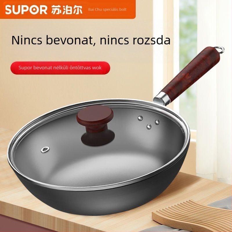 Bevonat nélküli finomított vasból készült wok, VC32BH01, egylapos aljzattal, gáztűzhelyhez kompatibilis