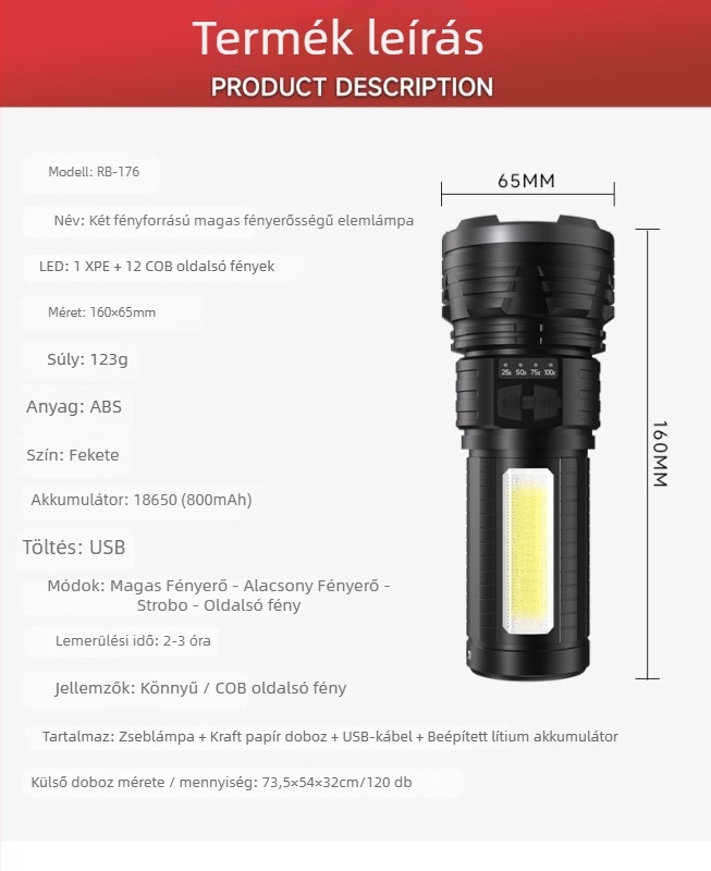 Raybow Kültéri újratölthető zseblámpa, LED 10W, 1200mAh, fénycsóva 200–500 m, 360° forgás, kézi töltés, többfunkciós taktikai zseblámpa