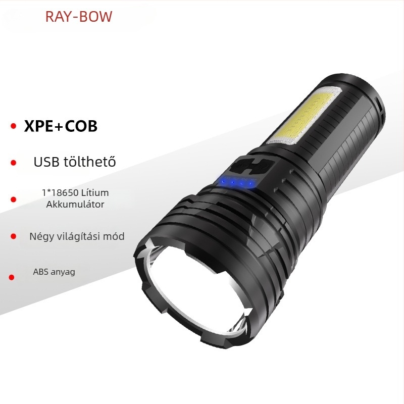 Raybow Kültéri újratölthető zseblámpa, LED 10W, 1200mAh, fénycsóva 200–500 m, 360° forgás, kézi töltés, többfunkciós taktikai zseblámpa