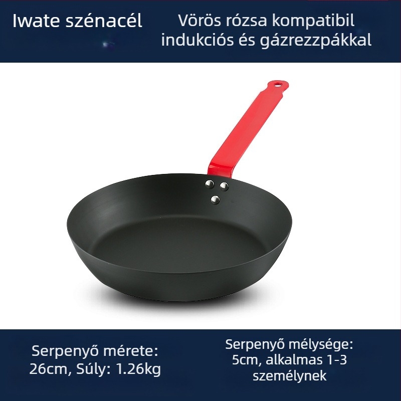 Fedő nélküli serpenyő finomított vasból, egyrétegű aljzattal, 5 cm mélység, univerzális tűzhely-kompatibilitás, modell ZBX-TGJG, súly 1,4 kg