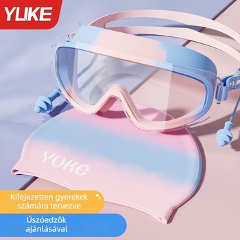 Gyerekeknek szóló úszószemüveg nagy kerettel, polikarbonát lencsék, párásodás elleni, vízálló, úszósapkával a készletben