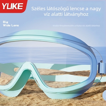 Gyerekeknek szóló úszószemüveg nagy kerettel, polikarbonát lencsék, párásodás elleni, vízálló, úszósapkával a készletben