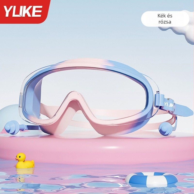 Gyerekeknek szóló úszószemüveg nagy kerettel, polikarbonát lencsék, párásodás elleni, vízálló, úszósapkával a készletben