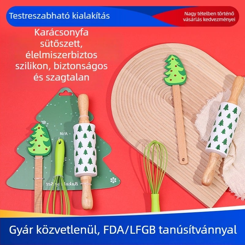 Otthoni sütőkészlet: nyújtófa, szilikon spatula és tojáshabosító; anyag: szilikon; szabálytalan forma; sütéshez
