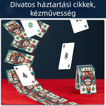 Utazó Mahjong-kártyák — vízálló, vastagított, hordozható mini készlet Mahjong lapokkal; fehér karton anyag; tartalmaz zacskót és színes dobozt; 14+.