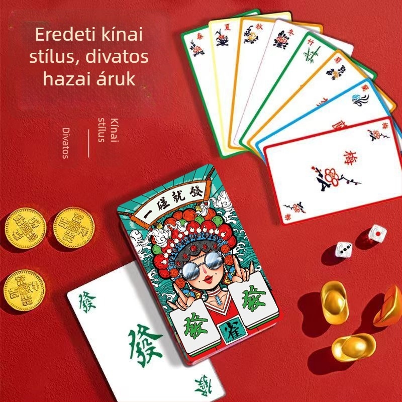 Utazó Mahjong-kártyák — vízálló, vastagított, hordozható mini készlet Mahjong lapokkal; fehér karton anyag; tartalmaz zacskót és színes dobozt; 14+.
