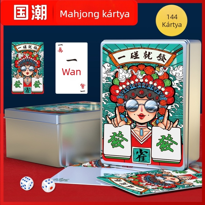 Utazó Mahjong-kártyák — vízálló, vastagított, hordozható mini készlet Mahjong lapokkal; fehér karton anyag; tartalmaz zacskót és színes dobozt; 14+.