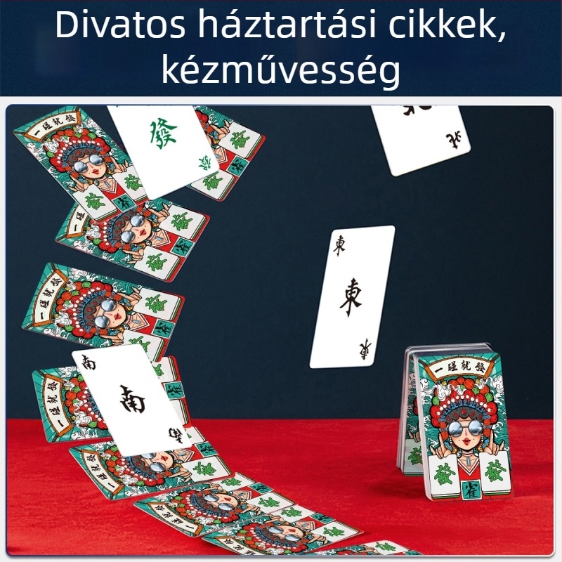 Utazó Mahjong-kártyák — vízálló, vastagított, hordozható mini készlet Mahjong lapokkal; fehér karton anyag; tartalmaz zacskót és színes dobozt; 14+.