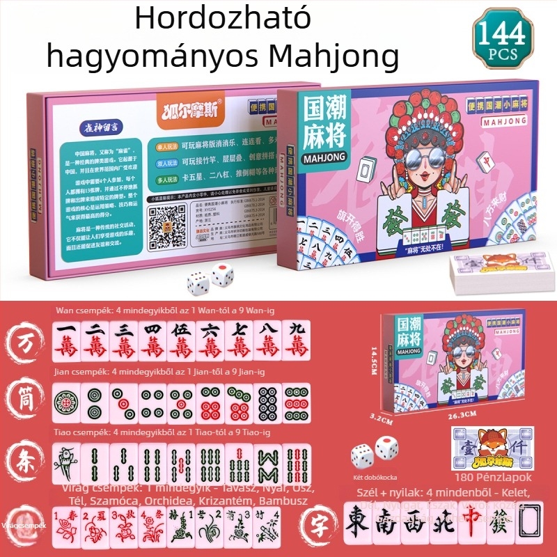 Utazó Mahjong-kártyák — vízálló, vastagított, hordozható mini készlet Mahjong lapokkal; fehér karton anyag; tartalmaz zacskót és színes dobozt; 14+.