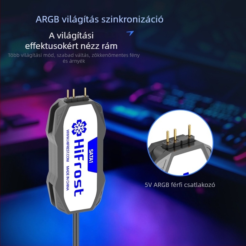 Hifrost SATA1 ARGB Vezérlő, 5V3-pin to SATA Adapter Kábel PC-hez — Mini ARGB Fény Szinkron Hub, 50 cm, réz+ABS