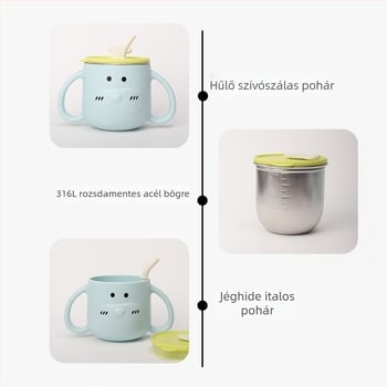 316L rozsdamentes acél gyerekeknek szánt vízivó pohár fogantyúval és szívószállal, ívelt forma, standard átmérő, 6 hónapos kortól