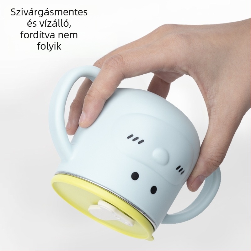 316L rozsdamentes acél gyerekeknek szánt vízivó pohár fogantyúval és szívószállal, ívelt forma, standard átmérő, 6 hónapos kortól