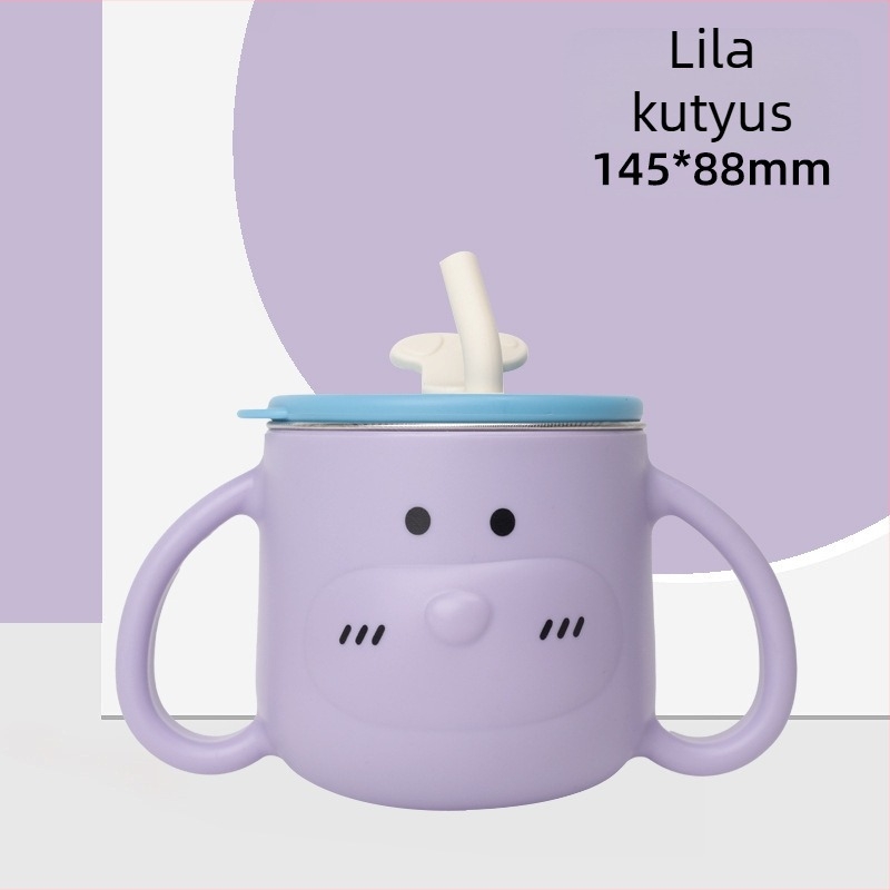 316L rozsdamentes acél gyerekeknek szánt vízivó pohár fogantyúval és szívószállal, ívelt forma, standard átmérő, 6 hónapos kortól