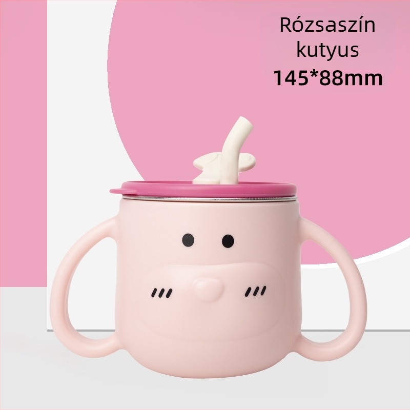 316L rozsdamentes acél gyerekeknek szánt vízivó pohár fogantyúval és szívószállal, ívelt forma, standard átmérő, 6 hónapos kortól