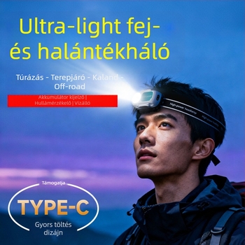 Kültéri éjszakai munkához mozgásérzékelős fejlámpa, újratölthető LED fejfény, ultra könnyű hordozható, 1200mAh akkumulátor, 10W, töltő mellékelve