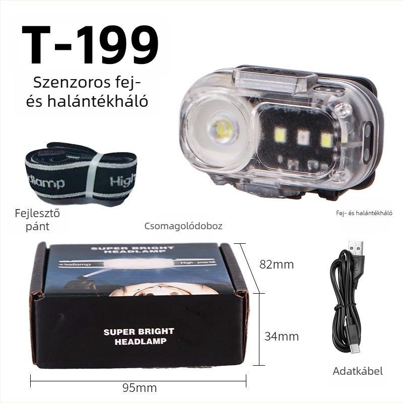 Kültéri éjszakai munkához mozgásérzékelős fejlámpa, újratölthető LED fejfény, ultra könnyű hordozható, 1200mAh akkumulátor, 10W, töltő mellékelve