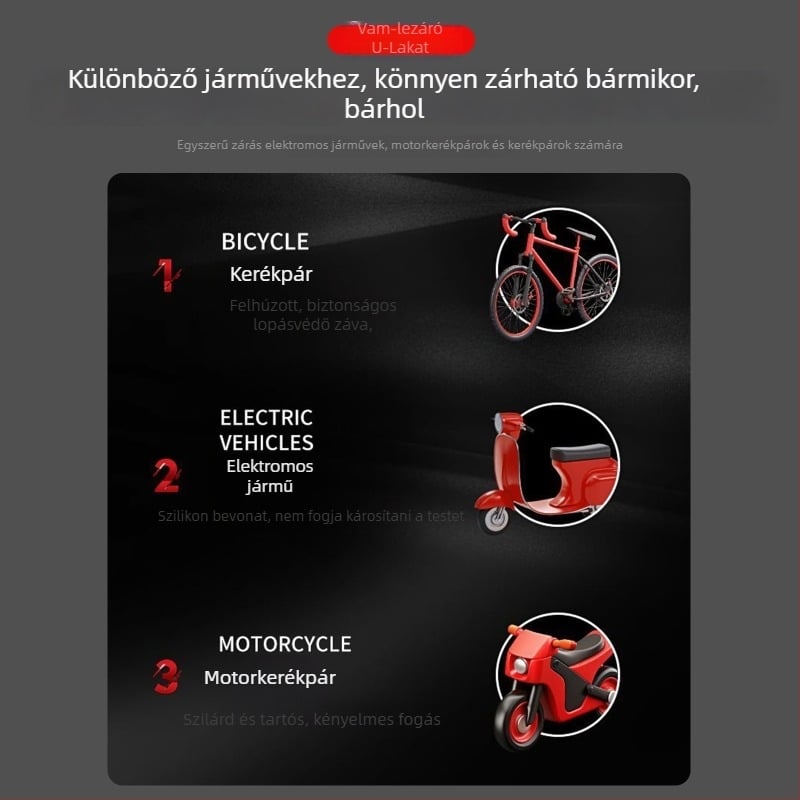 Jiuxing U-alakú zár elektromos járművekhez, robogókhoz és kerékpárokhoz – ötvözet acél, modellek X18, 388, 8362; tömeg 1,6 kg; modern minimál stílus