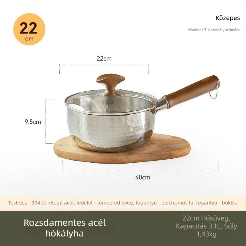 Tejfőző fazék, tapadásmentes, 316-os rozsdamentes acélból, japán stílusú Yukihira, egylapos aljzattal, minden tűzhelyhez való