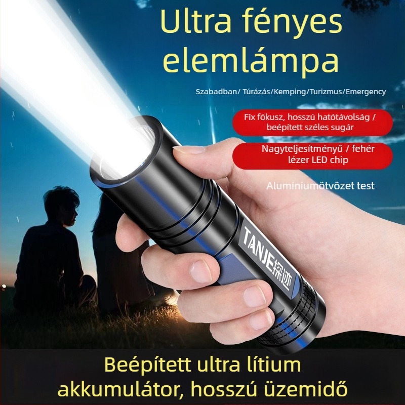 Töltőre képes nagy fényerősségű zseblámpa, alumíniumötvözet test, 15W LED, beépített nagy kapacitású lítium akkumulátor, Type-C töltés, 360° forgathatóság