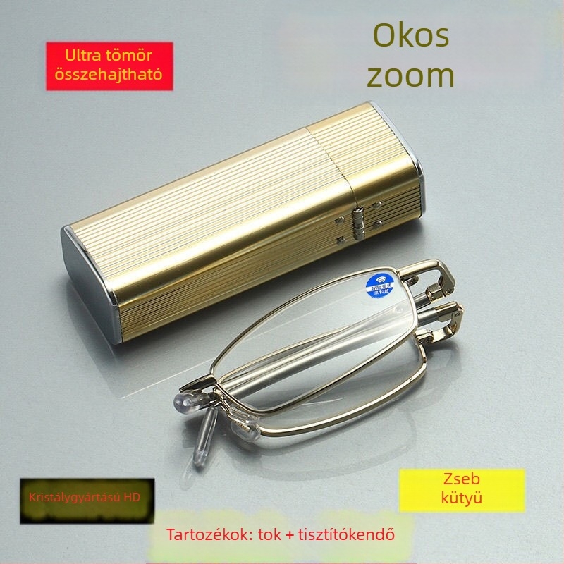 Összecsukható anti-radiációs olvasószemüveg, üveg lencsékkel, fém keret, aszférikus lencsék