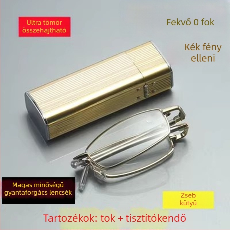 Összecsukható anti-radiációs olvasószemüveg, üveg lencsékkel, fém keret, aszférikus lencsék