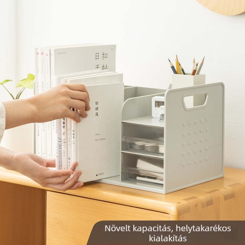 L- alakú könyvtámasz fiókkal, asztali tároló, műanyag, modell SD-2633, csomagolási mennyiség: 1