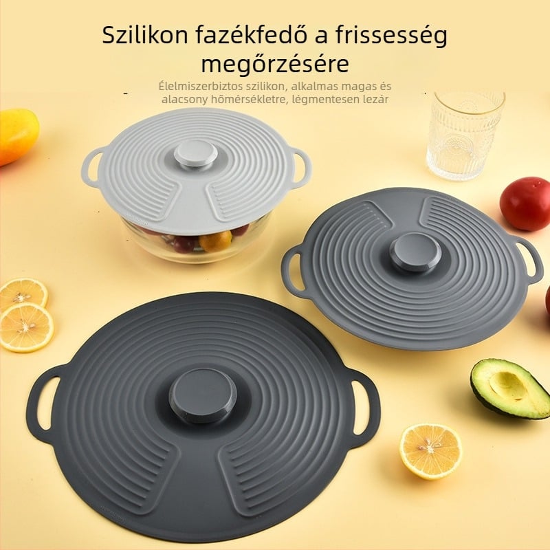 Szilikon fedők sütőedényekhez – élelmiszer-minőségű, csöpögés elleni védelem, frissesség megőrzése; 200 g; anyag: szilikon; márka: JM; csomagolás: PP zacskó; testreszabás elérhető
