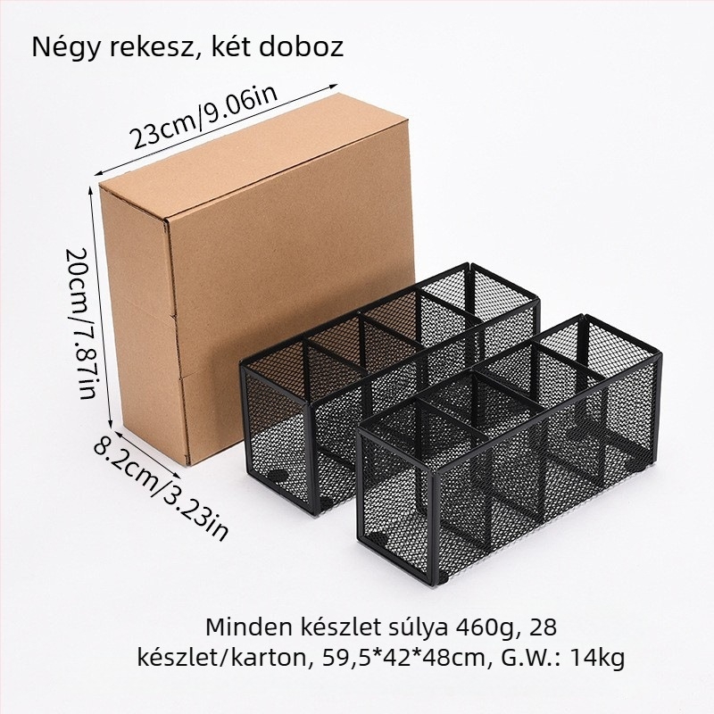 Fém íróeszköz tartó és asztali tároló több rekesszel (3–4 rekesz), kozmetikai rendszerező – testreszabás elérhető