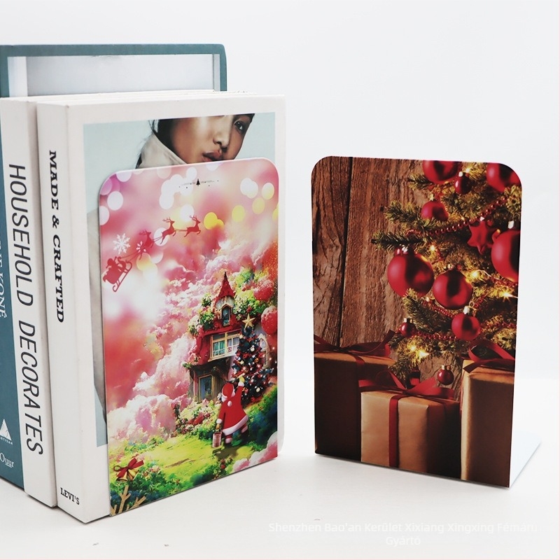 Fém L alakú csúszásmentes könyvállványok, karácsonyi asztali dekoráció, 2 darabos készlet, nettó tömeg 465 g