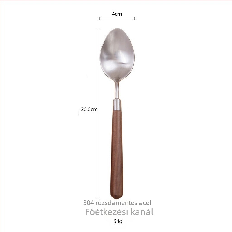 Diófa nyelű, 304 rozsdamentes acél steak kés, villa és desszertkanál készlet – kézzel készített, könnyed luxus stílusban