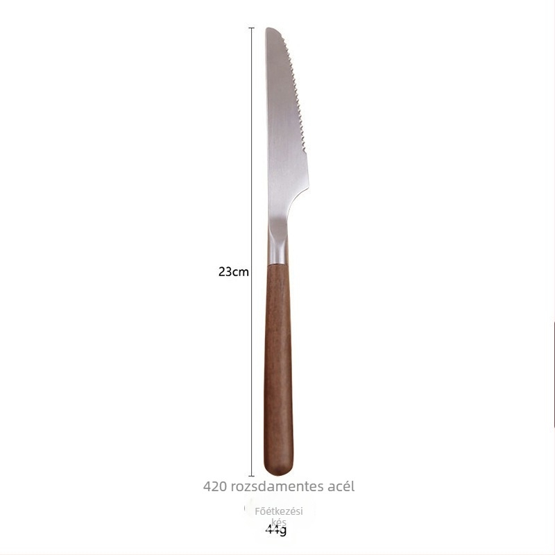 Diófa nyelű, 304 rozsdamentes acél steak kés, villa és desszertkanál készlet – kézzel készített, könnyed luxus stílusban