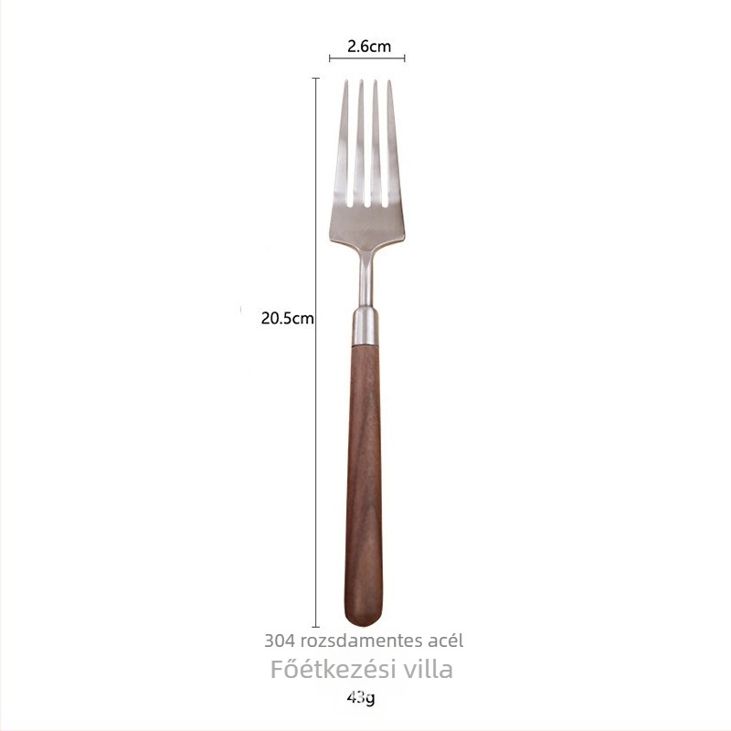 Diófa nyelű, 304 rozsdamentes acél steak kés, villa és desszertkanál készlet – kézzel készített, könnyed luxus stílusban