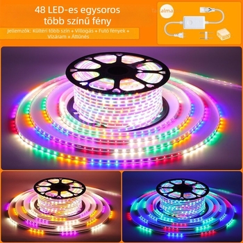 LED-szalag hét színű változó vízfolyás-effektussal KTV beltéri és kültéri reklámplakátokhoz; IP65; több színben állítható fényhő; LED-chip Xinguang Weibei; teljesítmény 5–10W; CRI 80–89; CE tanúsítvány.