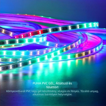 LED-szalag hét színű változó vízfolyás-effektussal KTV beltéri és kültéri reklámplakátokhoz; IP65; több színben állítható fényhő; LED-chip Xinguang Weibei; teljesítmény 5–10W; CRI 80–89; CE tanúsítvány.