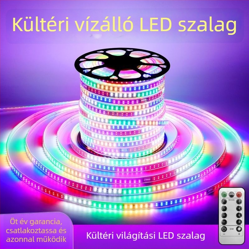 LED-szalag hét színű változó vízfolyás-effektussal KTV beltéri és kültéri reklámplakátokhoz; IP65; több színben állítható fényhő; LED-chip Xinguang Weibei; teljesítmény 5–10W; CRI 80–89; CE tanúsítvány.