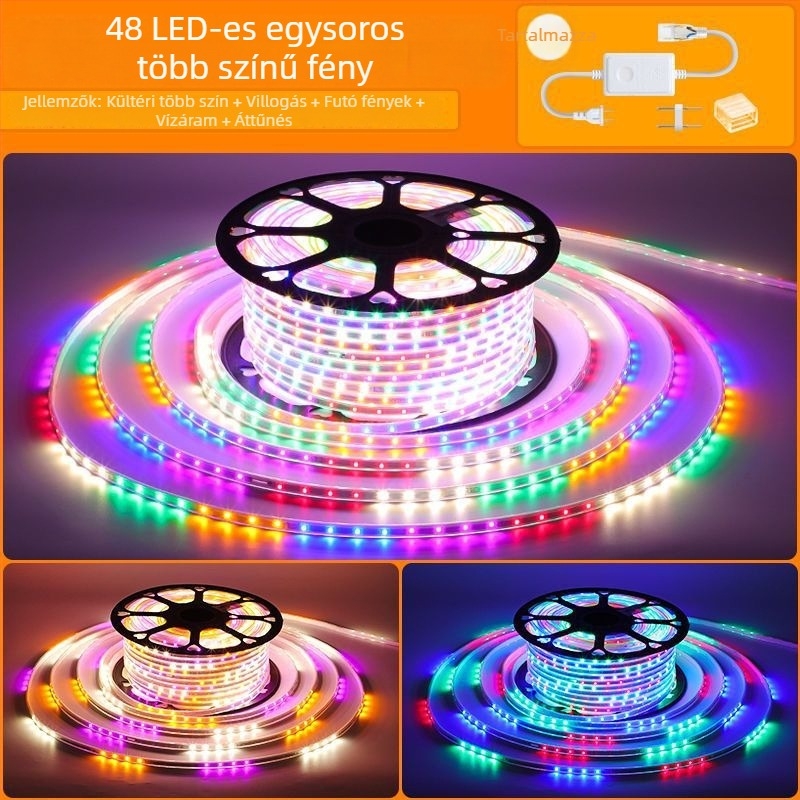 LED-szalag hét színű változó vízfolyás-effektussal KTV beltéri és kültéri reklámplakátokhoz; IP65; több színben állítható fényhő; LED-chip Xinguang Weibei; teljesítmény 5–10W; CRI 80–89; CE tanúsítvány.