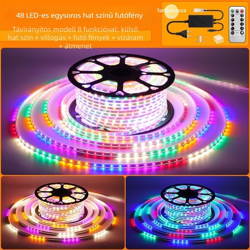 LED-szalag hét színű változó vízfolyás-effektussal KTV beltéri és kültéri reklámplakátokhoz; IP65; több színben állítható fényhő; LED-chip Xinguang Weibei; teljesítmény 5–10W; CRI 80–89; CE tanúsítvány.