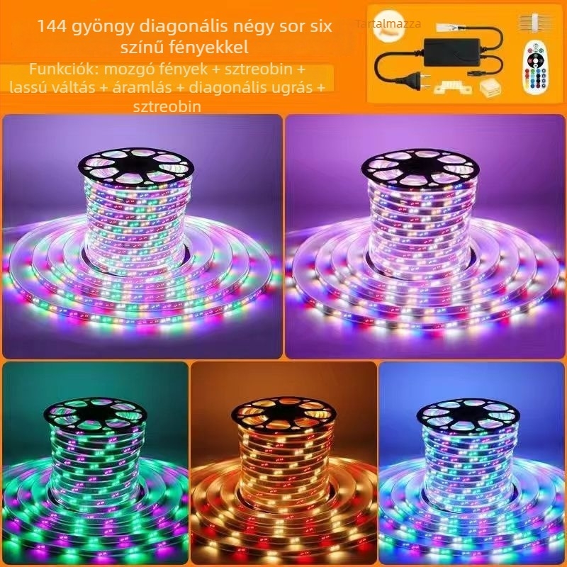 LED-szalag hét színű változó vízfolyás-effektussal KTV beltéri és kültéri reklámplakátokhoz; IP65; több színben állítható fényhő; LED-chip Xinguang Weibei; teljesítmény 5–10W; CRI 80–89; CE tanúsítvány.